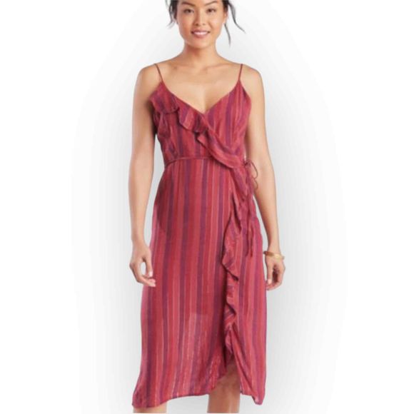 Rails Ariel Ruffle Wrap Dress Striped Rouge Midi Size Small - Picture 2 of 9
